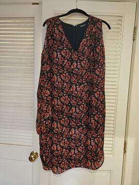Lauren Ralph Lauren Open Shoulder Midi Dress with Red Floral Print